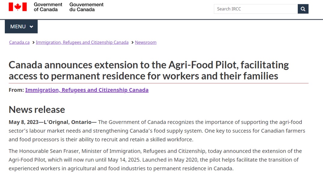 加拿大农业食品试点项目AFIP延长至2025年5月，取消职位配额限制